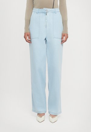 Light blue wide-leg jeans with a high waist, featuring front pockets, a zip fly, and a button closure. Smooth denim texture, tailored fit.