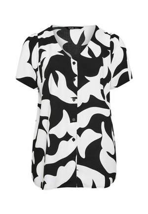 Kortærmet bluse med et sort-hvidt abstrakt bladmønster, lavet af letvægtsstof, med en knaplukning foran og V-halsudskæring.