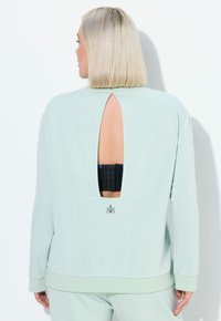 Sudadera verde menta con un corte en la espalda, puños acanalados y logo bordado en la parte inferior de la espalda. Textura de tela suave.