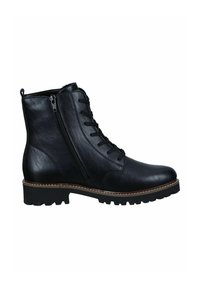 Bottes noires en cuir à lacets avec fermeture éclair sur le côté, dotées d'une finition texturée et d'un contraste de semelles marron.