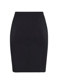 Jupe crayon noire longueur genou, coupe droite et taille haute sur fond blanc.