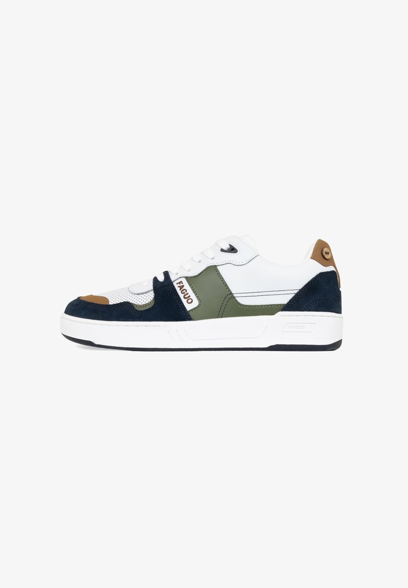 Sneakers featuring a white leather upper with navy and olive suede accents. Round toe, flat laces, with a brown tab on the heel. White sole.