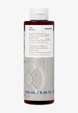 Flacone di bagnoschiuma Mediterraneo alla Vaniglia con capacità di 250 mL, etichettato per pelli sensibili e contenente estratto purificante di salvia.