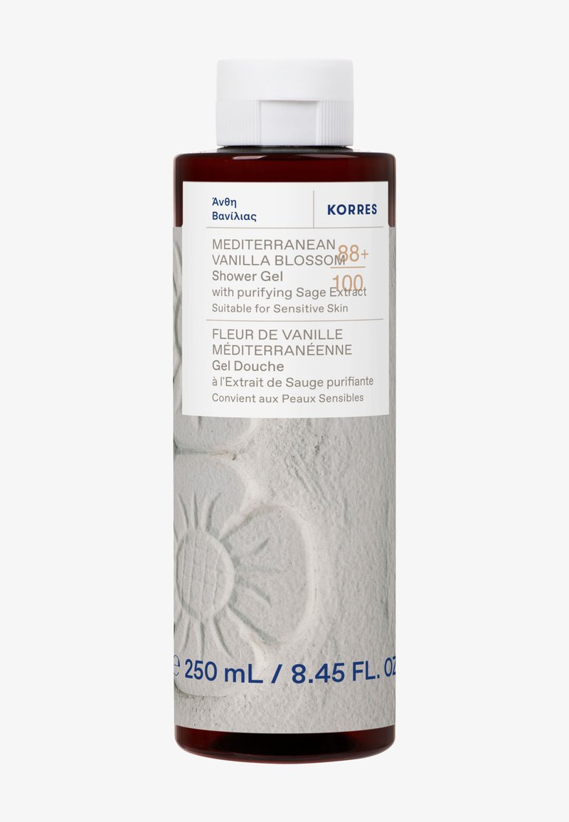 Flacon de gel douche Fleur de Vanille Méditerranée de 250 mL, indiqué pour les peaux sensibles et contenant un extrait de sauge purifiant.