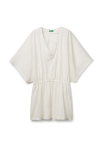Tunic bianca a maniche corte, con scollatura a V, vita elastica e vestibilità comoda. Tessuto morbido con un design leggermente fluttuante.