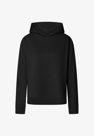 Schlichtes schwarzes Kapuzensweatshirt mit langen Ärmeln sowie gerippten Bündchen und Saum, dargestellt auf weißem Hintergrund.