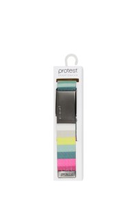 Kleurige elastische sportgordel met horizontale strepen in teal, wit, geel en roze. Beschikt over een metalen gesp en een merkllogo.