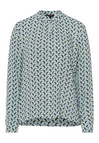 Blusa a maniche lunghe con un motivo ondulato blu, verde e bianco, caratterizzata da un colletto rialzato e dettagli con bottoni sullo scollo. Tessuto leggero.
