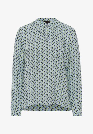Langærmet blouse i et blåt, grønt og hvidt bølget mønster, med en standen krave og knapdetalje ved halsen. Letvægtsstof.