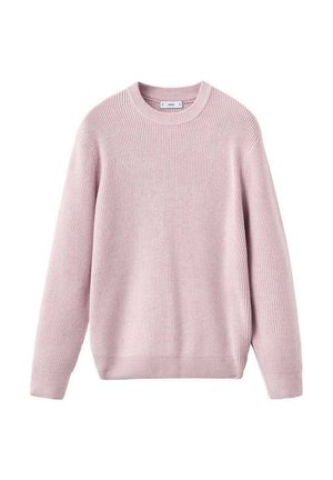 Maglione a maniche lunghe in maglia a costine di colore rosa chiaro, con scollo a giro, mostrato disteso su uno sfondo bianco.