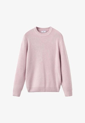 Svijetlosmeđa, dugih rukava rebrasta pletena pamučna vestu s okruglim izrezom, prikazana ravno na bijeloj pozadini.