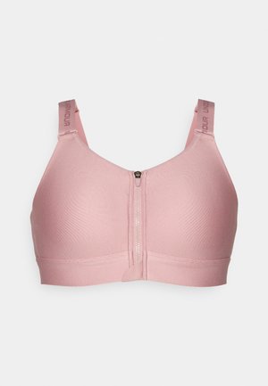 Rosa Sport-Bra aus weichem Stoff, mit einem Reißverschluss vorne, breiten Trägern und nahtlosem Design für Komfort und Unterstützung.
