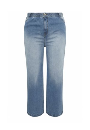 Blaue Jeans mit weitem Bein und kurzem Schnitt, elastischem Bund, vorderem Knopf, Taschen und verblasstem Farbverlauf.