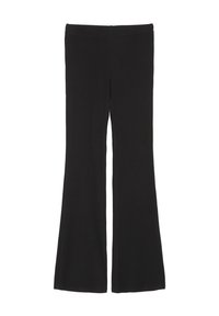 Mustat levenevät housut, jotka on valmistettu ribbikankaasta, jossa on hienovarainen rakenne. Vyötärö on joustava, ja lahkeet levenevät polvesta alaspäin.