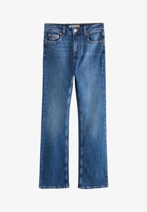 Midblauwe bootcut jeans met voorknop en ritssluiting, vijfzakkenontwerp en oranje stiksel details.