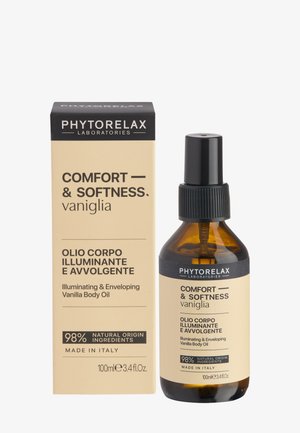 Vanilleduftendes, leuchtendes und umhüllendes Körperöl von Phytorelax in einer 100 ml bernsteinfarbenen Sprühflasche mit passender beige-schwarzer Box.