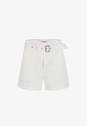 Weiße Baumwollshorts mit einem Gürtel, ausgestattet mit Metallbeschlägen, seitlichen Taschen und einem strukturierten Design für einen maßgeschneiderten Look.