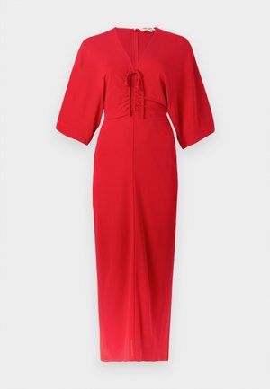 Vestido vermelho com mangas curtas, decote em V e detalhe franzido ao centro. Tecido liso com corte direito. Fecho com fecho de correr nas costas e comprimento até ao tornozelo.