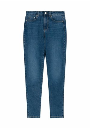 Granatowe dżinsy o standardowym kroju, z paskami na pasek, pięcioma kieszeniami oraz zamkiem błyskawicznym z zapięciem na guzik. Gładka faktura.