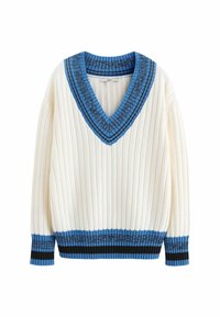 Cremefarbener V-Ausschnitt-Strickpullover mit blauen und schwarzen Rippakzenten am Kragen und Saum. Verfügt über eine vertikale Struktur im gesamten Gewebe.