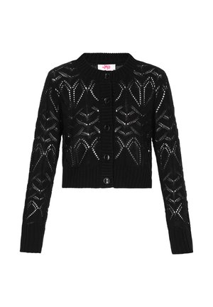 Fekete kötött, rövidített kardigán geometrikus áttört mintával és öt elülső gombbal, bordázott mandzsettákkal és szegéllyel.