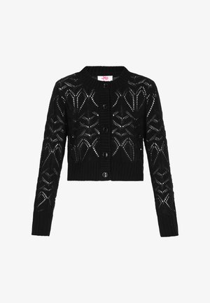 Fekete kötött, rövidített kardigán geometrikus áttört mintával és öt elülső gombbal, bordázott mandzsettákkal és szegéllyel.