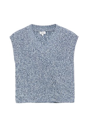 Mouwloos blauw-wit gebreid vestje met V-hals en geribde kraag, merk s.Oliver, maat 36.