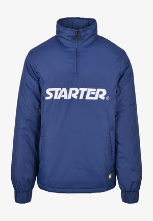 Tamsiai mėlynas megztinis su aukšta apykakle, puse užtrauktuko, elastingais rankogaliais ir dideliu baltu "STARTER" logotipu priekyje. Lygus, paminkštintas tekstūros.