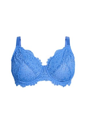 Blue lace underwire bra featuring floral patterns, scalloped edges, and adjustable satin straps. Textured lace with a smooth lining.