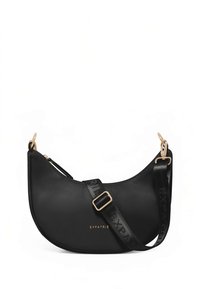 Black leather shoulder bag with a curved shape, gold accents, and an adjustable strap featuring the text "EXPATRIÉ." Zipper closure.