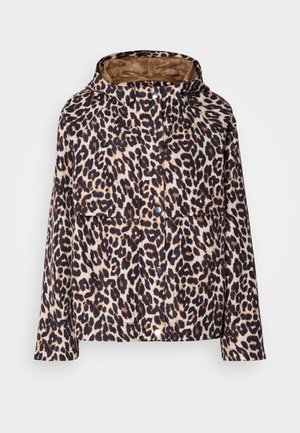 Veste en imprimé léopard avec capuche, dotée d'une fermeture par bouton, de longues manches et d'un tissu doux avec une doublure intérieure marron.