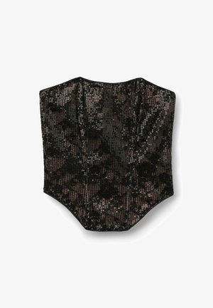 Zwarte en bronzen sequin korset top, met een gestructureerd ontwerp, haak- en oogsluitingen en een gladde, glanzende textuur.
