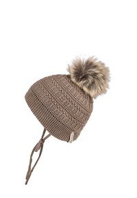 Knit winter hat in brown with a textured pattern and a faux fur pom-pom on top. Features ties for secure fit.
