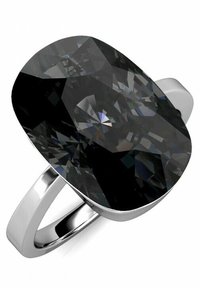 Schwarzer Edelsteinring mit einem großen, facettierten ovalen schwarzen Stein, der in einem glatten Silberband gefasst ist. Reflektierende Oberfläche mit klaren Linien.