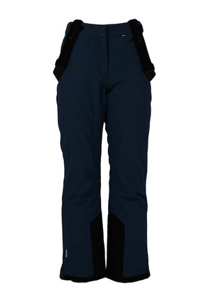 Marineblauwe waterdichte skibroek met verstelbare zwarte bretels, twee voorzakken en verstevigde zwarte onderzoom. Soepel, duurzaam materiaal.