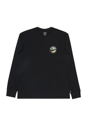 Camisa de manga larga negra de algodón con escote redondo. Presenta un logo circular con un diseño de playa en color en el lado izquierdo del pecho.