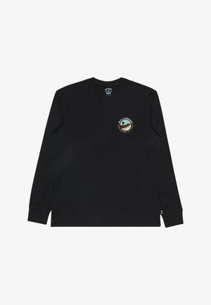 Camisa de manga larga negra de algodón con escote redondo. Presenta un logo circular con un diseño de playa en color en el lado izquierdo del pecho.