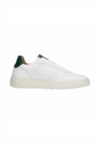 Baskets en cuir blanc avec un empiècement de talon vert, lacets plats, semelle en caoutchouc texturé et détails de couture subtils.