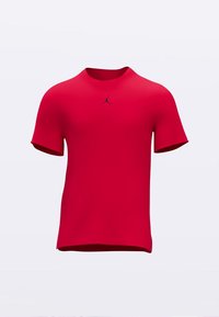 Rdeča majica z kratkimi rokavi iz gladkega blaga, z okroglim izrezom in majhnim črnim logotipom Jumpman na prsih.
