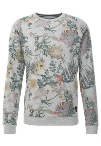 Sudadera gris con un patrón floral en tonos rosa, amarillo y verde. Hecha de tela suave, tiene mangas largas y cuello redondo.