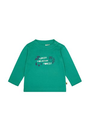 Groen T-shirt met lange mouwen van katoen. Bevat een graphic met de tekst "GREEN MOUNTAIN FOREST", bergen, bomen en een ontwerp van een wasbeer.