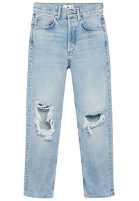 Vaaleansiniset suoralahkeiset farkut, joissa on kulutetut polviosat ja repsottavat reunat, jotka lisäävät pintaan tekstuuria.