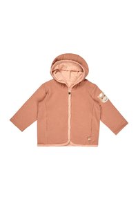 Pale pink hoodie with a lined hood, front pockets, snap fastenings, and a bear patch on the sleeve. Soft fabric, relaxed fit.