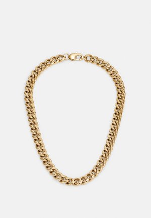 Collana in metallo color oro con catena caratterizzata da grandi anelli intrecciati con finitura lucida e chiusura a moschettone sicura.