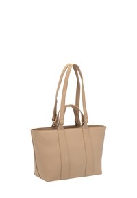 Borsa tote in pelle beige con texture, dotata di due manici corti e due spallacci lunghi, di forma rettangolare strutturata su sfondo bianco.