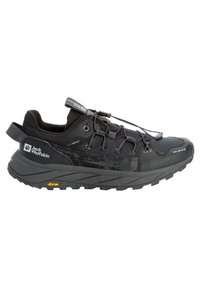 Scarpa da trail Black Jack Wolfskin con linguetta, sistema di lacci rapidi, suola Vibram e protezione per le dita visibile nel profilo laterale.