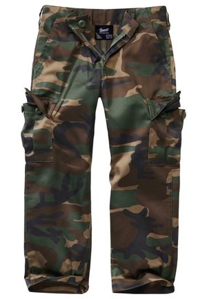 Pantalones cargo camuflados para hombre con múltiples bolsillos con botones y cierre de cremallera, extendidos y mostrando la parte delantera.