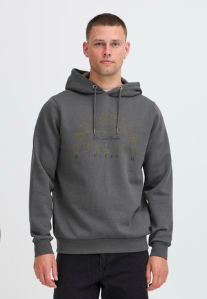 Gray hooded sweatshirt with drawstrings, featuring a gold and black printed text design. Soft fabric, relaxed fit, and ribbed cuffs.