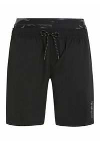 Mustat uimar Shortsit, joissa on joustava vyötärö, kiristysnyöri, pehmeä kangas, suora leikkaus ja logotieto sivussa.