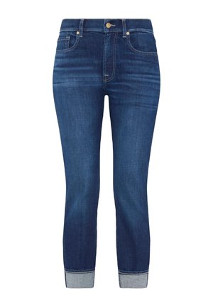 Denim jeans i mørkeblå farve med et klassisk design, der har lige pasform, optrukket kant og subtile blegninger rundt om lårene.